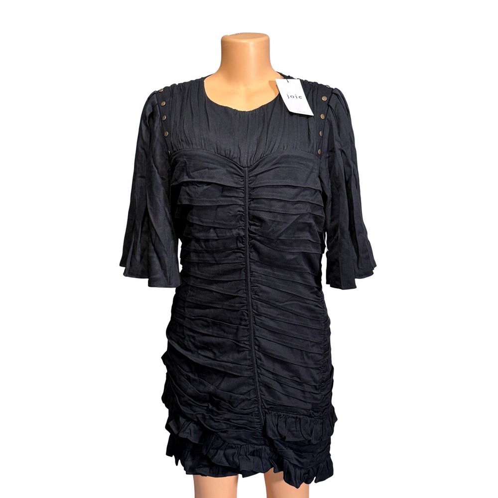 Joie Black Ruched Mini Dress Studded Shoulder Ruffle Hem‎ Elbow Sleeve NWT 12